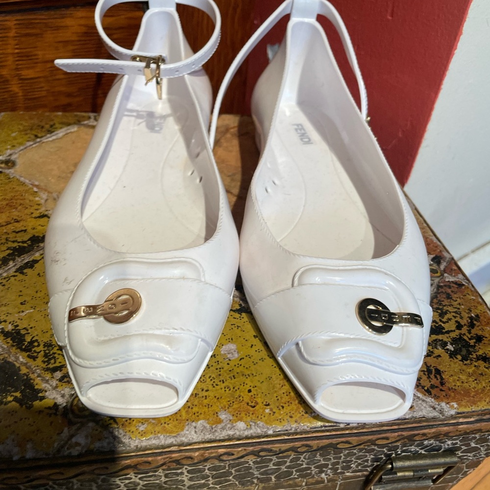 Fendi white ankle straps jellies